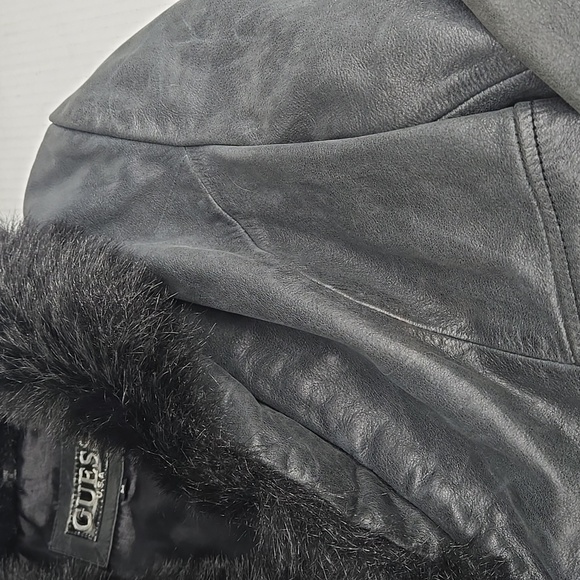 GUESS Black Faux Fur Collar Leather Jacket M - Picture 6 of 12